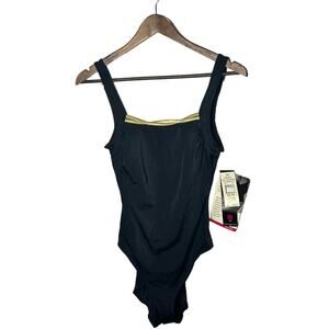VTG New‎ perfection fit Roxanne one piece bra size swimsuit black gold 10 34B